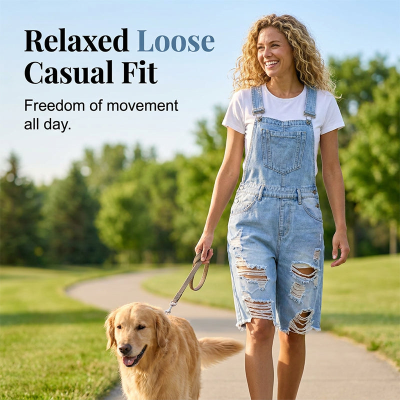 👖 Damen-Overalls in 5/4-Länge – hellblaue Used-Jeans mit Loch-Details, ausgefranste Kanten & lässiger Schnitt, ideal für den urbanen Alltag & den Sommer 🌊