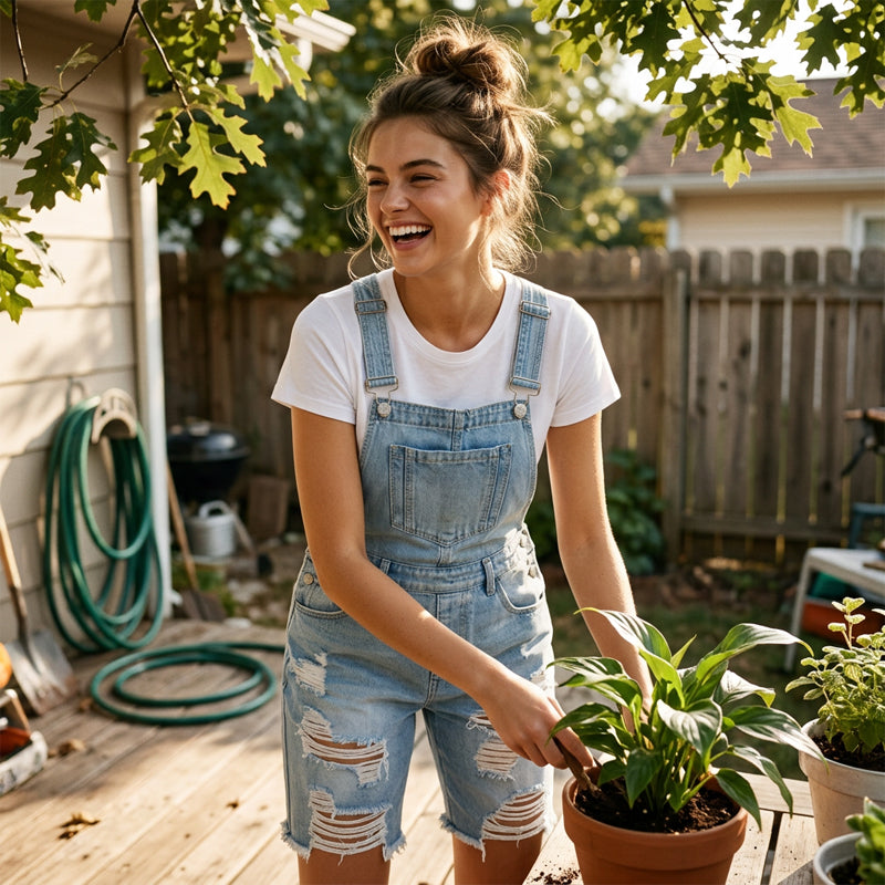 👖 Damen-Overalls in 5/4-Länge – hellblaue Used-Jeans mit Loch-Details, ausgefranste Kanten & lässiger Schnitt, ideal für den urbanen Alltag & den Sommer 🌊