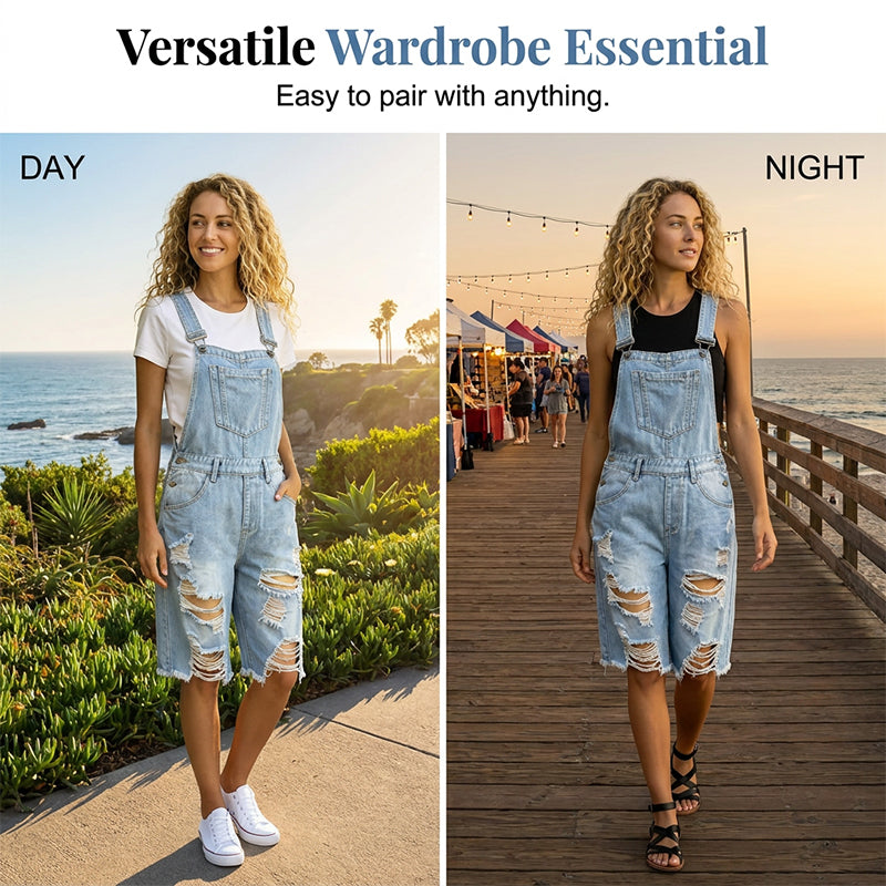 👖 Damen-Overalls in 5/4-Länge – hellblaue Used-Jeans mit Loch-Details, ausgefranste Kanten & lässiger Schnitt, ideal für den urbanen Alltag & den Sommer 🌊