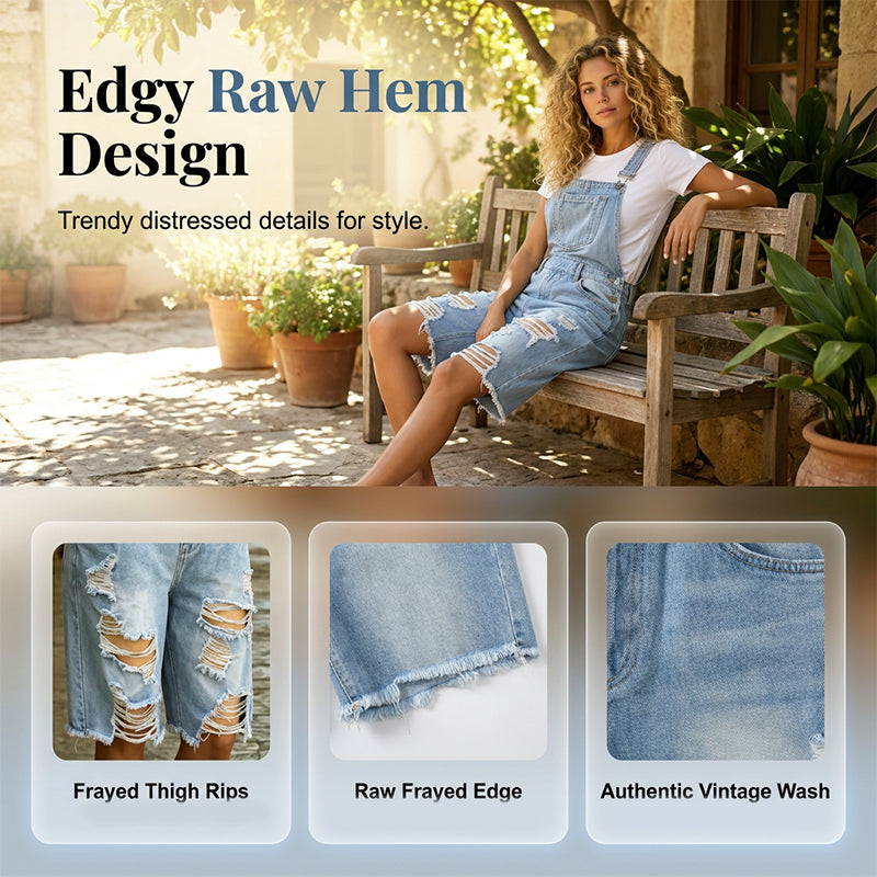 👖 Damen-Overalls in 5/4-Länge – hellblaue Used-Jeans mit Loch-Details, ausgefranste Kanten & lässiger Schnitt, ideal für den urbanen Alltag & den Sommer 🌊