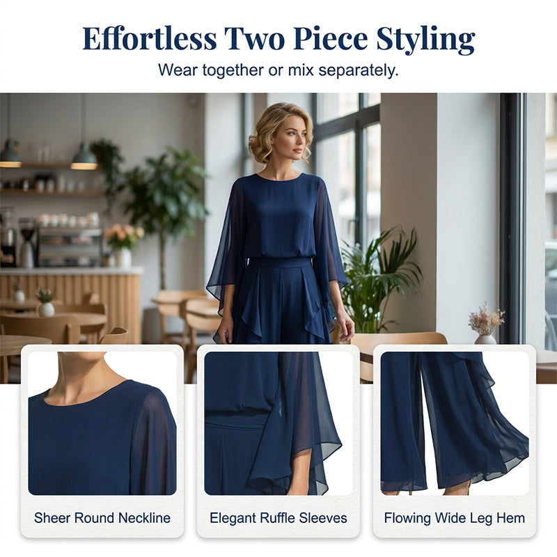 👖 2-teiliges Set mit Rüschen-Details – langärmliges Oberteil & weite Hose in Tiefblau, elegant & bequem für Alltag, Büro & besondere Anlässe 🌊✨