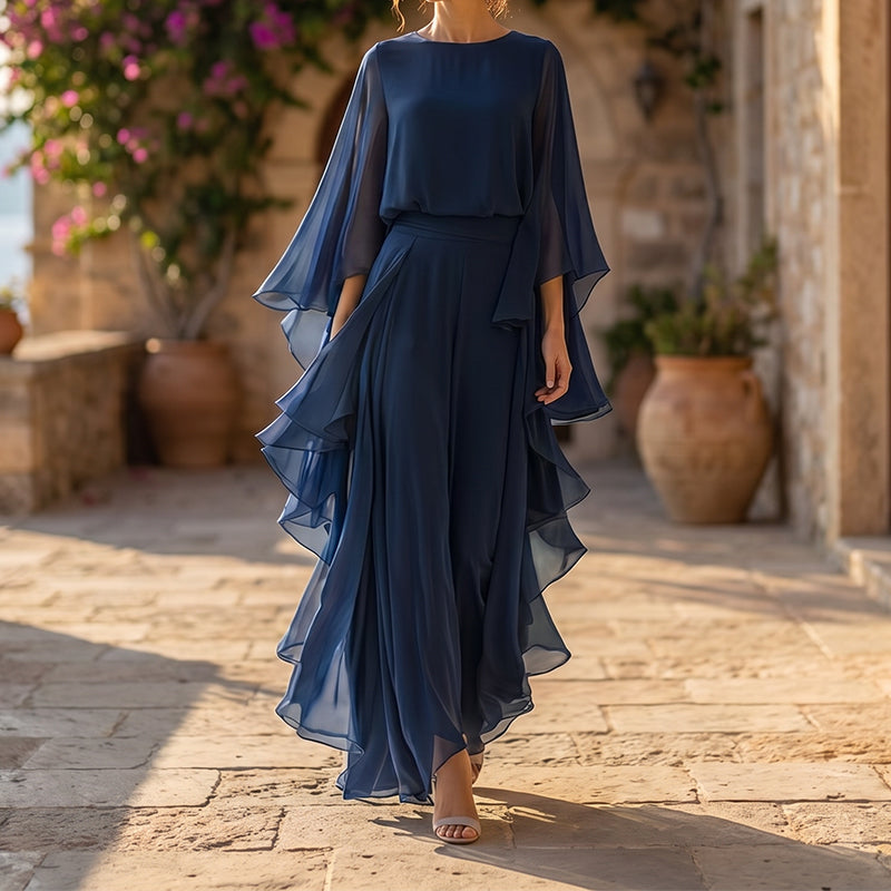 👖 2-teiliges Set mit Rüschen-Details – langärmliges Oberteil & weite Hose in Tiefblau, elegant & bequem für Alltag, Büro & besondere Anlässe 🌊✨