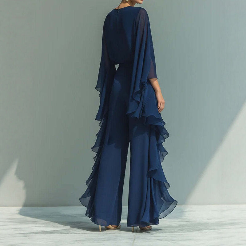 👖 2-teiliges Set mit Rüschen-Details – langärmliges Oberteil & weite Hose in Tiefblau, elegant & bequem für Alltag, Büro & besondere Anlässe 🌊✨