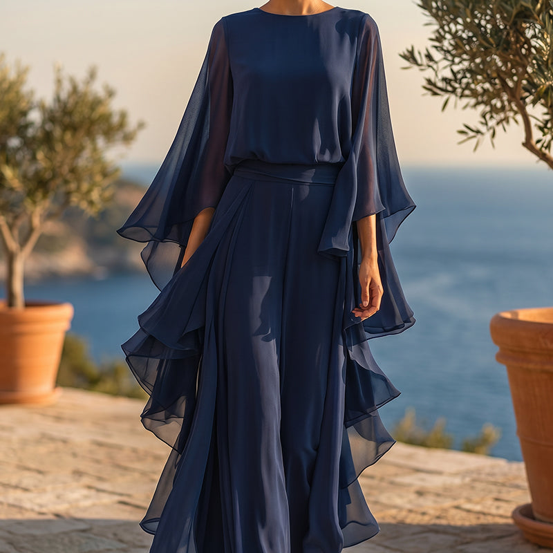 👖 2-teiliges Set mit Rüschen-Details – langärmliges Oberteil & weite Hose in Tiefblau, elegant & bequem für Alltag, Büro & besondere Anlässe 🌊✨