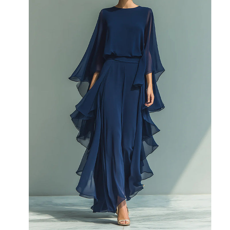👖 2-teiliges Set mit Rüschen-Details – langärmliges Oberteil & weite Hose in Tiefblau, elegant & bequem für Alltag, Büro & besondere Anlässe 🌊✨