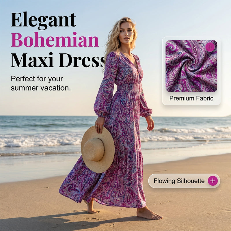👗 Boho-Kleid mit V-Ausschnitt & Kordelzug in der Taille – figurschmeichelnd, leicht & vielseitig für Alltag, Strand & Urlaub 🌸☀️