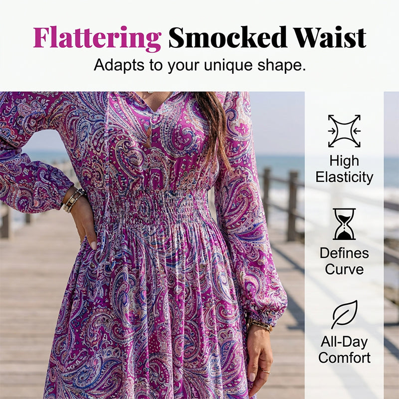 👗 Boho-Kleid mit V-Ausschnitt & Kordelzug in der Taille – figurschmeichelnd, leicht & vielseitig für Alltag, Strand & Urlaub 🌸☀️