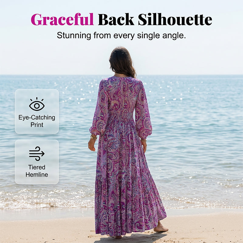 👗 Boho-Kleid mit V-Ausschnitt & Kordelzug in der Taille – figurschmeichelnd, leicht & vielseitig für Alltag, Strand & Urlaub 🌸☀️