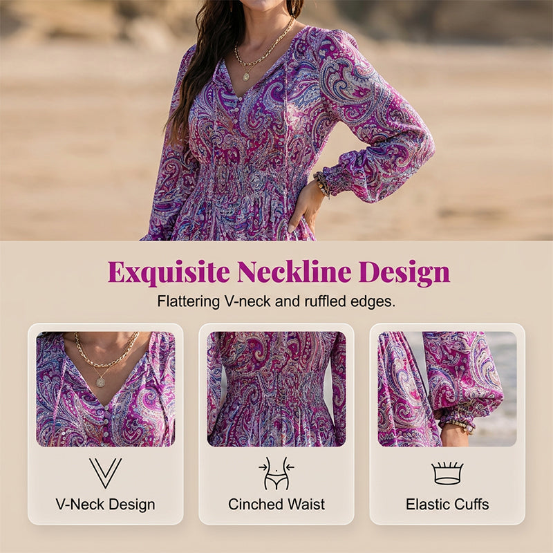 👗 Boho-Kleid mit V-Ausschnitt & Kordelzug in der Taille – figurschmeichelnd, leicht & vielseitig für Alltag, Strand & Urlaub 🌸☀️