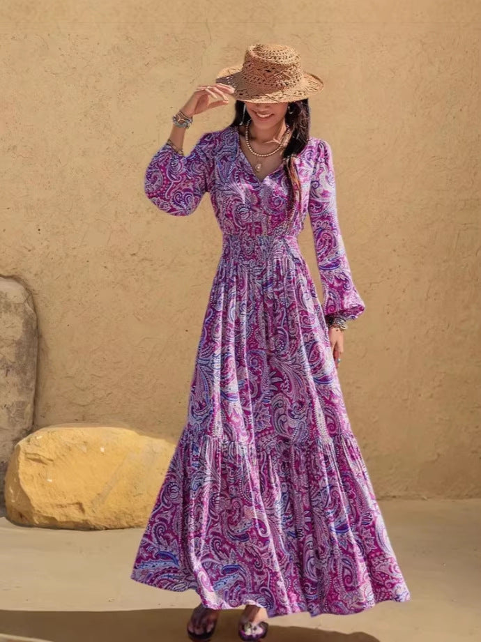 👗 Boho-Kleid mit V-Ausschnitt & Kordelzug in der Taille – figurschmeichelnd, leicht & vielseitig für Alltag, Strand & Urlaub 🌸☀️