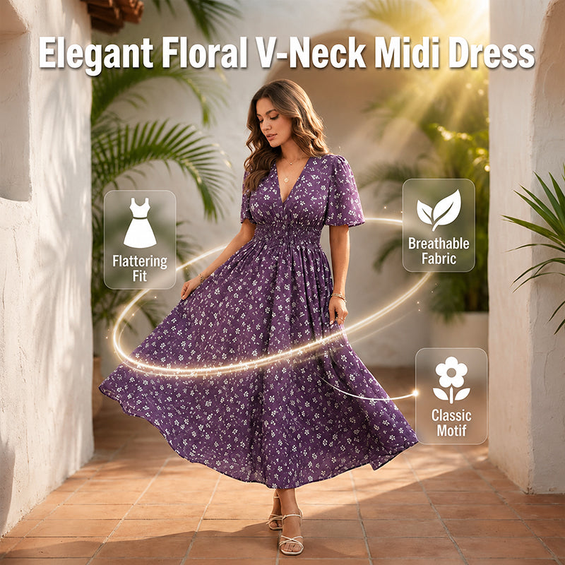 🌸 Women's Floral Print V-Neck Wrap Dress – Ruched Waist Midi Dress, Effortless Boho Chic for Daily Wear & Beach Vacations