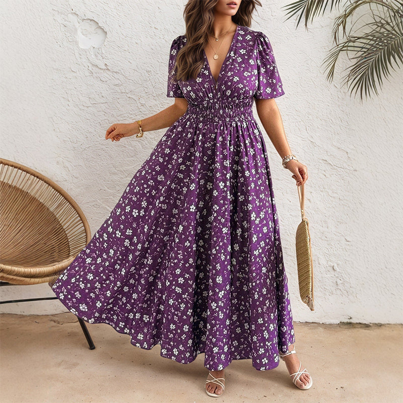 🌸 Women's Floral Print V-Neck Wrap Dress – Ruched Waist Midi Dress, Effortless Boho Chic for Daily Wear & Beach Vacations