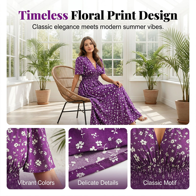 🌸 Women's Floral Print V-Neck Wrap Dress – Ruched Waist Midi Dress, Effortless Boho Chic for Daily Wear & Beach Vacations