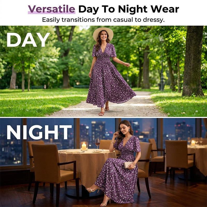 🌸 Women's Floral Print V-Neck Wrap Dress – Ruched Waist Midi Dress, Effortless Boho Chic for Daily Wear & Beach Vacations