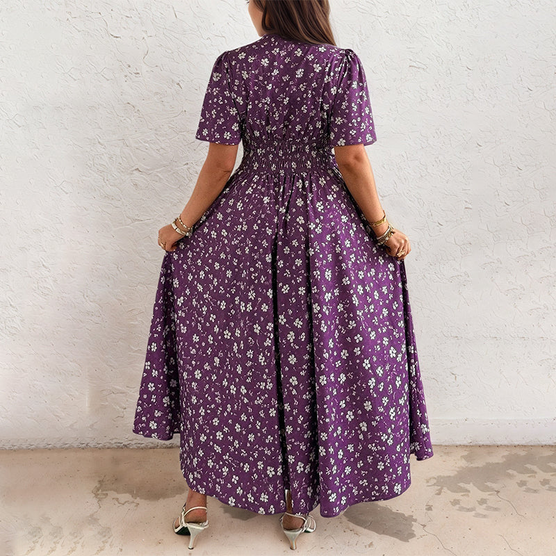 🌸 Women's Floral Print V-Neck Wrap Dress – Ruched Waist Midi Dress, Effortless Boho Chic for Daily Wear & Beach Vacations