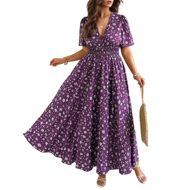 🌸 Women's Floral Print V-Neck Wrap Dress – Ruched Waist Midi Dress, Effortless Boho Chic for Daily Wear & Beach Vacations