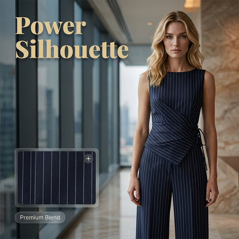 💼✨ Women's Pinstripe Wrap Waist Jumpsuit – Belted One-Piece, Flattering V-Neck & Wide Leg, Effortless Office-to-Dinner Style