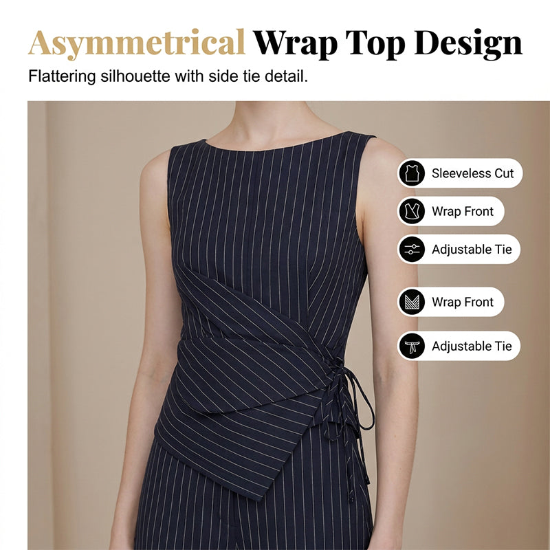 💼✨ Women's Pinstripe Wrap Waist Jumpsuit – Belted One-Piece, Flattering V-Neck & Wide Leg, Effortless Office-to-Dinner Style