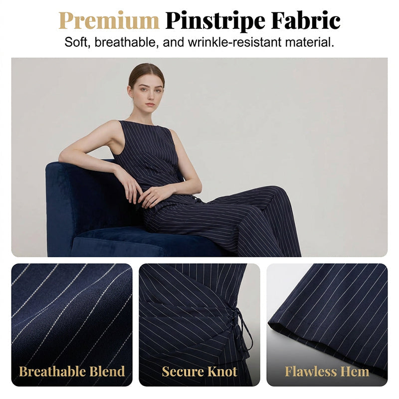 💼✨ Women's Pinstripe Wrap Waist Jumpsuit – Belted One-Piece, Flattering V-Neck & Wide Leg, Effortless Office-to-Dinner Style