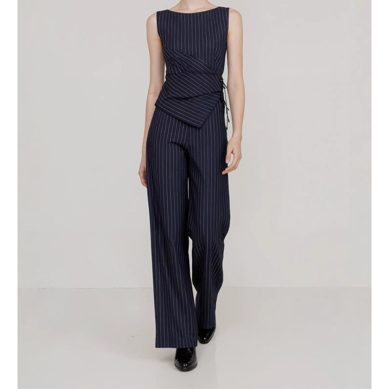 💼✨ Women's Pinstripe Wrap Waist Jumpsuit – Belted One-Piece, Flattering V-Neck & Wide Leg, Effortless Office-to-Dinner Style