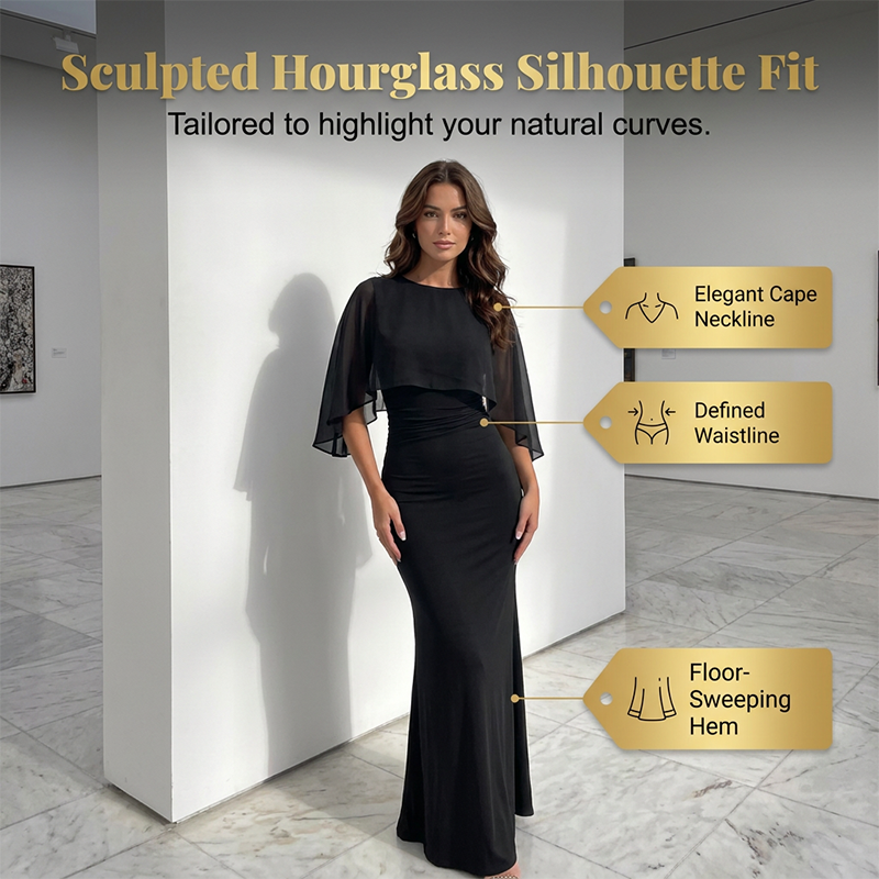 👗 Sanftes Cape-Kleid mit durchsichtigem Netz-Overlay – tailliert, figurbetont & mit schmaler Fischschwanz-Silhouette, elegant & verführerisch 🌸✨