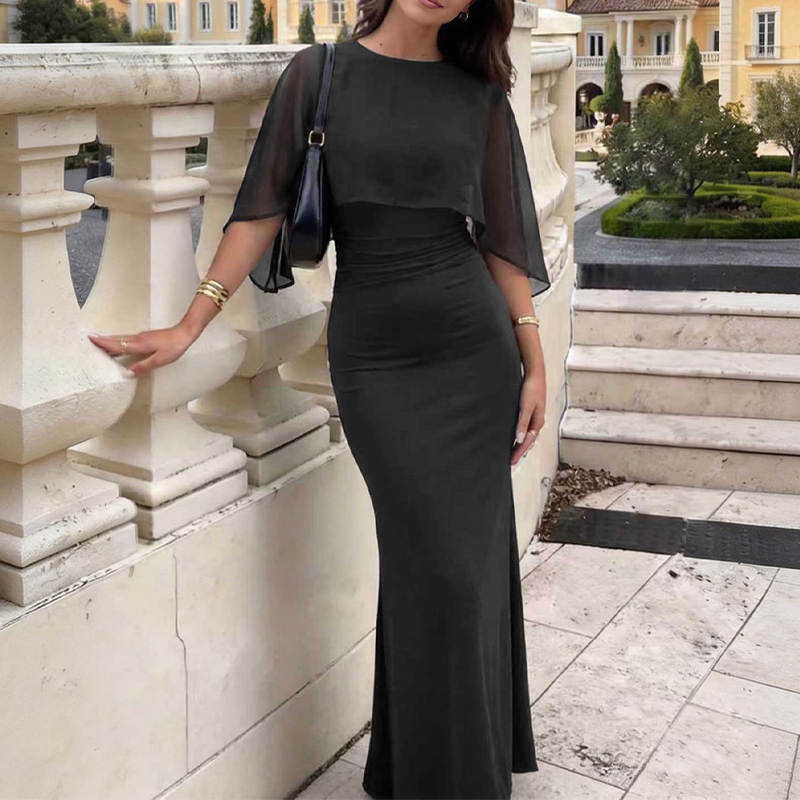 👗 Sanftes Cape-Kleid mit durchsichtigem Netz-Overlay – tailliert, figurbetont & mit schmaler Fischschwanz-Silhouette, elegant & verführerisch 🌸✨