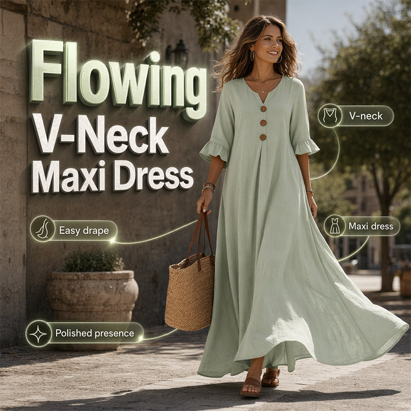 ⏰ 50 % RABATT – Nur für kurze Zeit ✨👗 Damen-Maxikleid mit V-Ausschnitt – lockere Passform, atmungsaktiv & vielseitig für Alltag, Strand & Reisen 🌸☀️