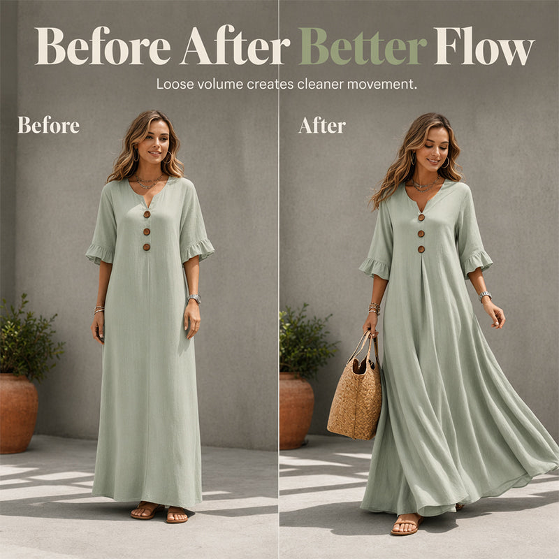 ⏰ 50 % RABATT – Nur für kurze Zeit ✨👗 Damen-Maxikleid mit V-Ausschnitt – lockere Passform, atmungsaktiv & vielseitig für Alltag, Strand & Reisen 🌸☀️