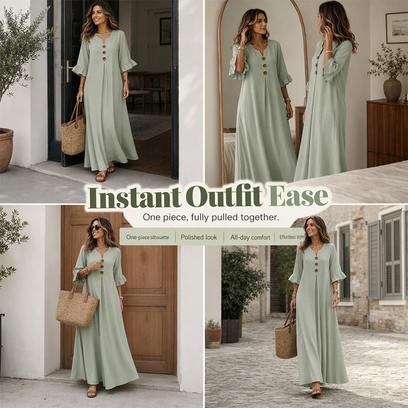⏰ 50 % RABATT – Nur für kurze Zeit ✨👗 Damen-Maxikleid mit V-Ausschnitt – lockere Passform, atmungsaktiv & vielseitig für Alltag, Strand & Reisen 🌸☀️
