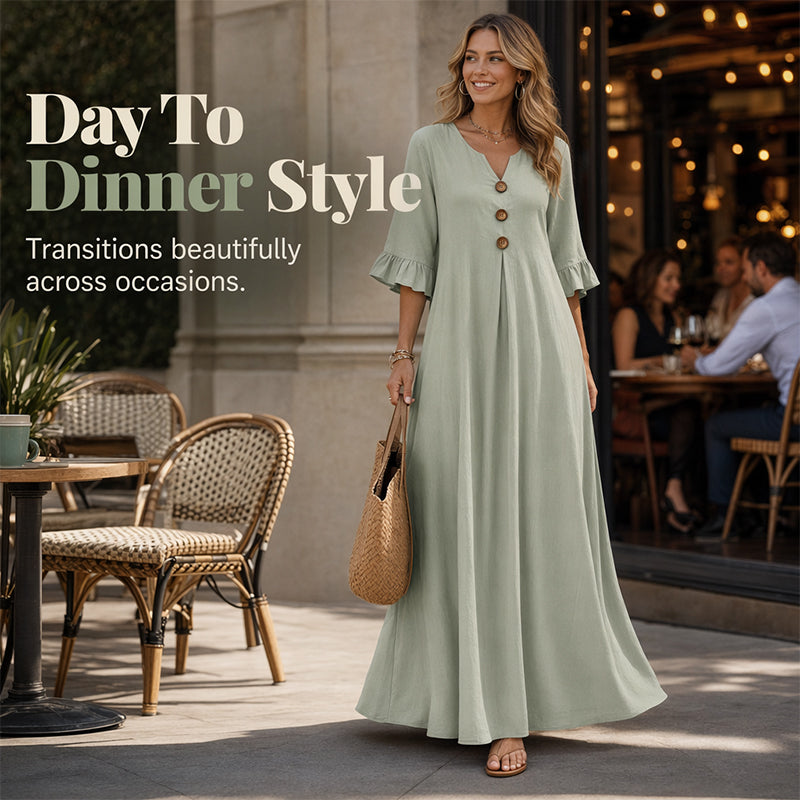 ⏰ 50 % RABATT – Nur für kurze Zeit ✨👗 Damen-Maxikleid mit V-Ausschnitt – lockere Passform, atmungsaktiv & vielseitig für Alltag, Strand & Reisen 🌸☀️