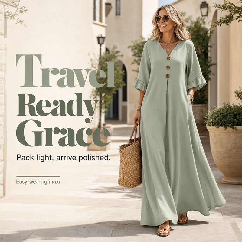 ⏰ 50 % RABATT – Nur für kurze Zeit ✨👗 Damen-Maxikleid mit V-Ausschnitt – lockere Passform, atmungsaktiv & vielseitig für Alltag, Strand & Reisen 🌸☀️