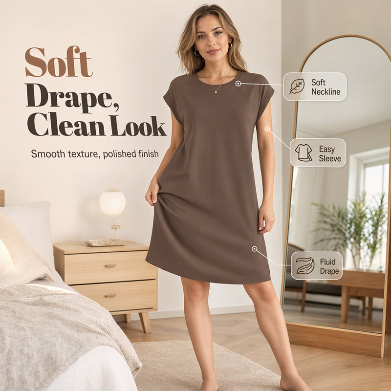 ⏰ 50 % RABATT – Nur für kurze Zeit ✨👗 Damen-Kleid mit Rundhals & kurzen Ärmeln – aus Baumwollmix, bequeme Passform, einfarbig & vielseitig für Alltag, Büro & Freizeit