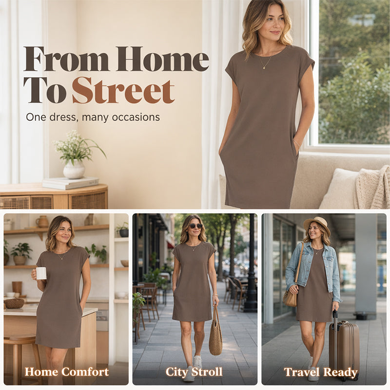 ⏰ 50 % RABATT – Nur für kurze Zeit ✨👗 Damen-Kleid mit Rundhals & kurzen Ärmeln – aus Baumwollmix, bequeme Passform, einfarbig & vielseitig für Alltag, Büro & Freizeit