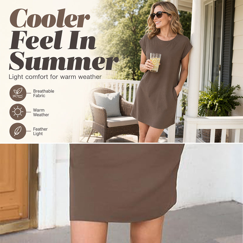 ⏰ 50 % RABATT – Nur für kurze Zeit ✨👗 Damen-Kleid mit Rundhals & kurzen Ärmeln – aus Baumwollmix, bequeme Passform, einfarbig & vielseitig für Alltag, Büro & Freizeit