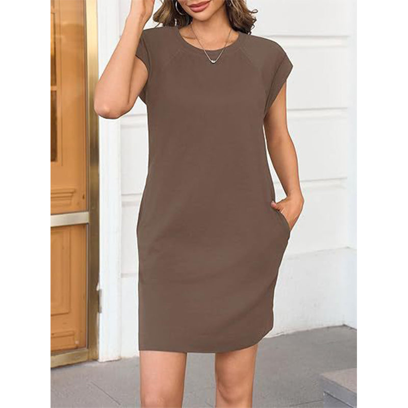 ⏰ 50 % RABATT – Nur für kurze Zeit ✨👗 Damen-Kleid mit Rundhals & kurzen Ärmeln – aus Baumwollmix, bequeme Passform, einfarbig & vielseitig für Alltag, Büro & Freizeit