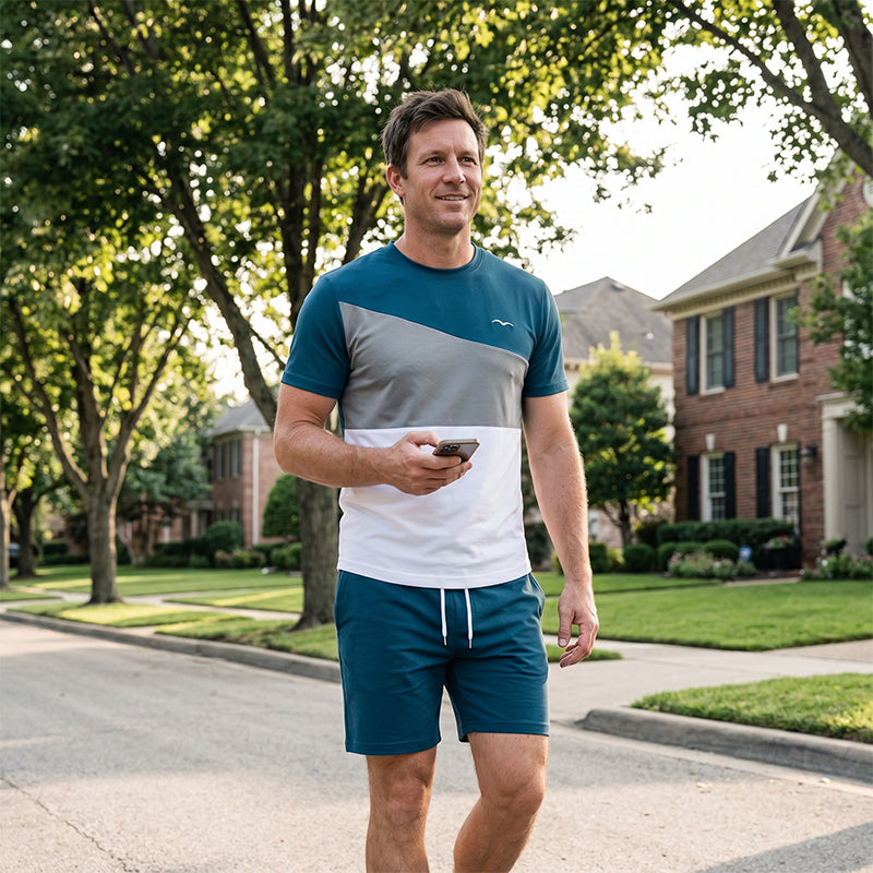 👕 2-teiliges Freizeit-Set für Herren – Color-Block T-Shirt & Shorts, atmungsaktiv, bequem & vielseitig für Alltag, Sport & Reisen 🌿