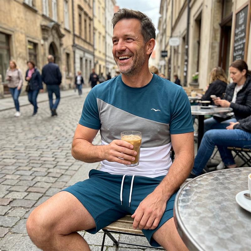 👕 2-teiliges Freizeit-Set für Herren – Color-Block T-Shirt & Shorts, atmungsaktiv, bequem & vielseitig für Alltag, Sport & Reisen 🌿