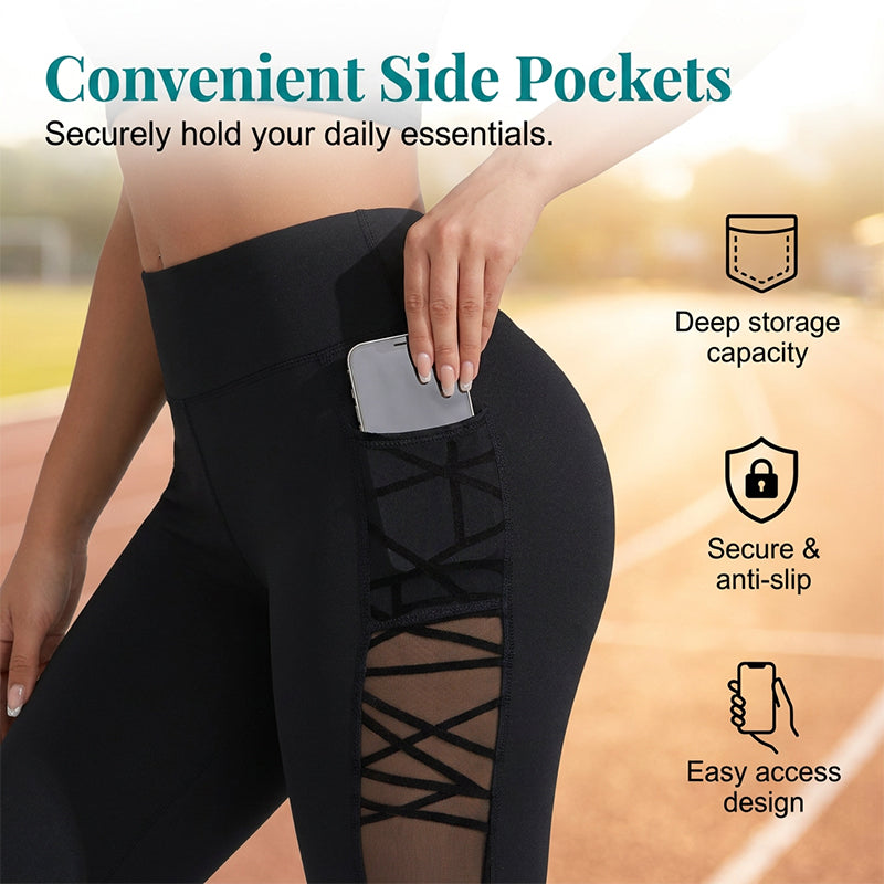 ⏰ 50 % RABATT – Nur für kurze Zeit 🧘‍♀️ Figurbetonte Yogahose mit Netz-Einsätzen – gepolsterte Taille, praktische Tasche & Beinabschluss, ideal für Yoga, Fitness & den aktiven Alltag ✨
