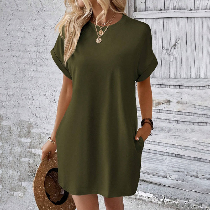👗 Damen-Tunika-Kleid mit Rundhals – einfarbig, lockere Passform mit praktischen Taschen, vielseitig & bequem für Alltag, Freizeit & Reisen 🌿