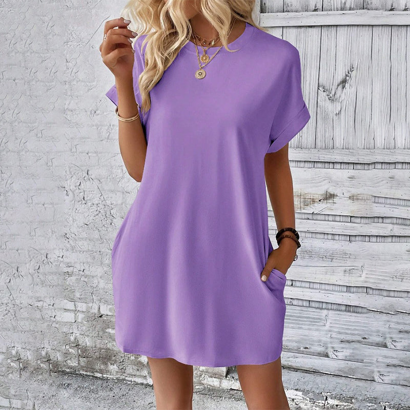 👗 Damen-Tunika-Kleid mit Rundhals – einfarbig, lockere Passform mit praktischen Taschen, vielseitig & bequem für Alltag, Freizeit & Reisen 🌿