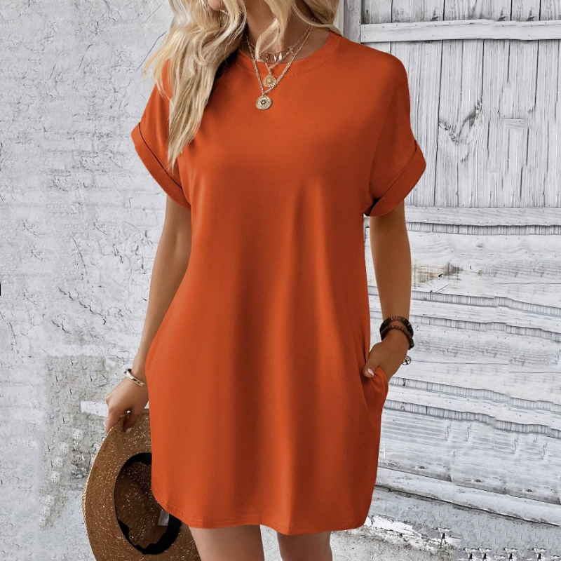 👗 Damen-Tunika-Kleid mit Rundhals – einfarbig, lockere Passform mit praktischen Taschen, vielseitig & bequem für Alltag, Freizeit & Reisen 🌿