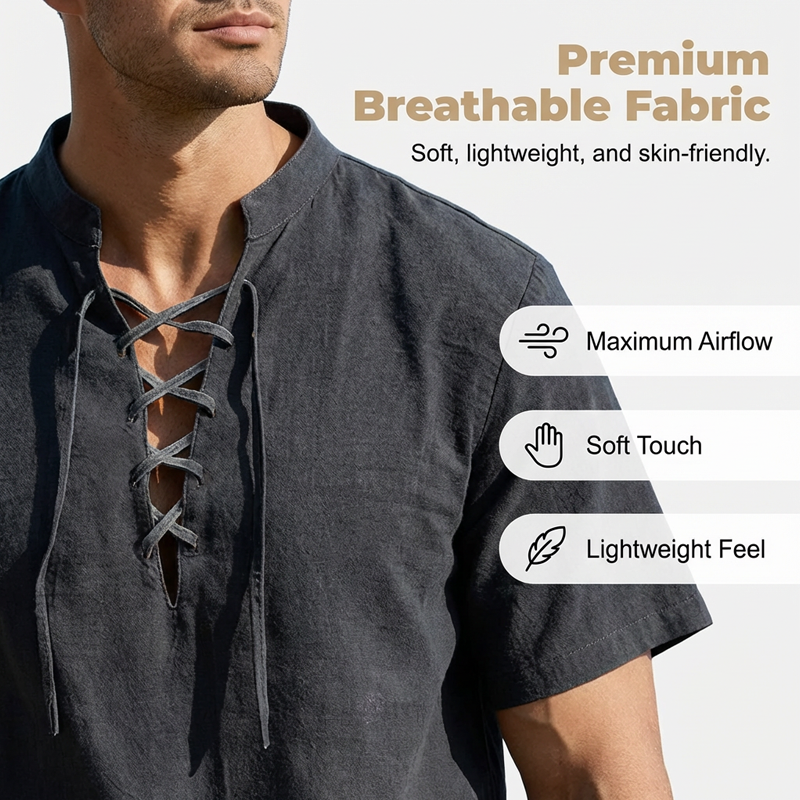 👔 Herren-Freizeithemd mit Schnürkordel – kurzärmelig, atmungsaktiv & vielseitig für Alltag, Reisen & warme Tage ☀️