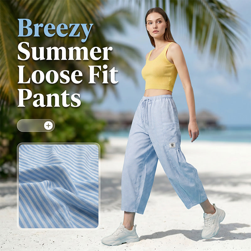 👖 Leichte Leinen-Cargohose – kariertes Muster, 7/8-Länge, weiter Schnitt & praktische Taschen, für Sommer und entspannte Tage 🌿