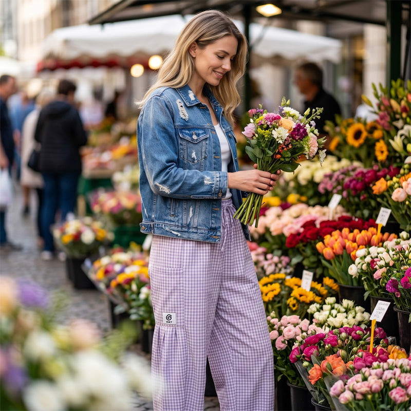 👖 Leichte Leinen-Cargohose – kariertes Muster, 7/8-Länge, weiter Schnitt & praktische Taschen, für Sommer und entspannte Tage 🌿