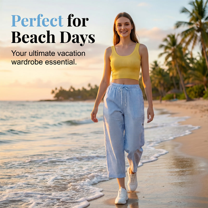 👖 Leichte Leinen-Cargohose – kariertes Muster, 7/8-Länge, weiter Schnitt & praktische Taschen, für Sommer und entspannte Tage 🌿
