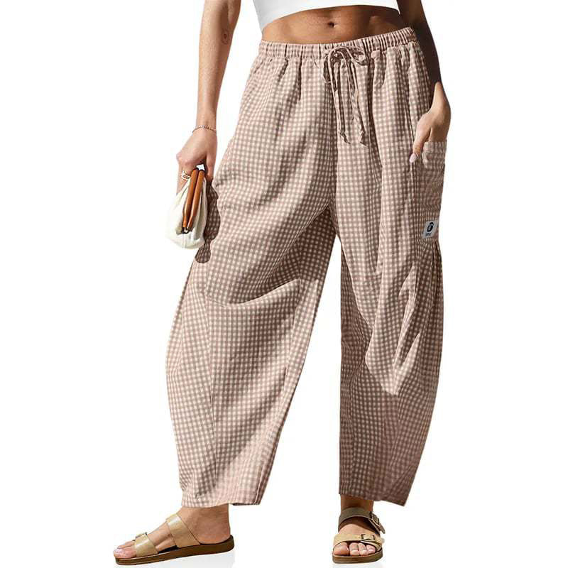👖 Leichte Leinen-Cargohose – kariertes Muster, 7/8-Länge, weiter Schnitt & praktische Taschen, für Sommer und entspannte Tage 🌿