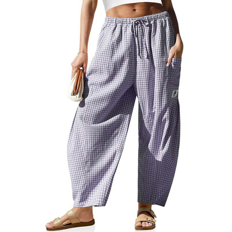 👖 Leichte Leinen-Cargohose – kariertes Muster, 7/8-Länge, weiter Schnitt & praktische Taschen, für Sommer und entspannte Tage 🌿