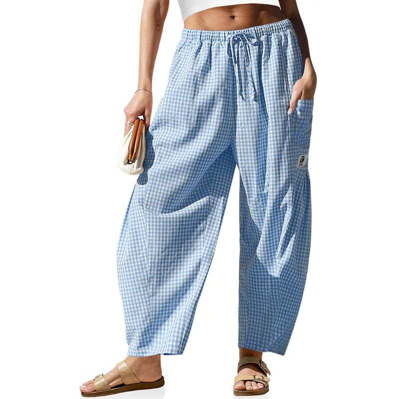 👖 Leichte Leinen-Cargohose – kariertes Muster, 7/8-Länge, weiter Schnitt & praktische Taschen, für Sommer und entspannte Tage 🌿