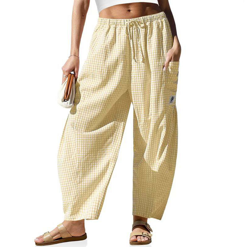 👖 Leichte Leinen-Cargohose – kariertes Muster, 7/8-Länge, weiter Schnitt & praktische Taschen, für Sommer und entspannte Tage 🌿