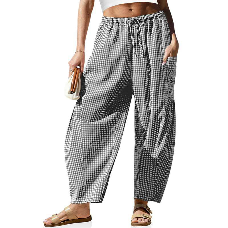 👖 Leichte Leinen-Cargohose – kariertes Muster, 7/8-Länge, weiter Schnitt & praktische Taschen, für Sommer und entspannte Tage 🌿